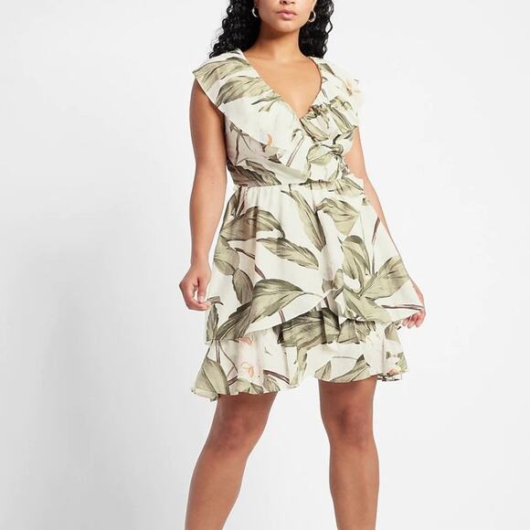 EXPRESS Tropical Leaf Print V-Neck Ruffle Mini Dress Smocked {3G10} - Picture 2 of 6